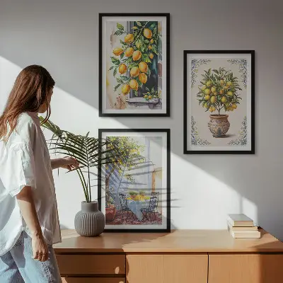Set de 3 cuadros para salón con diseño de frutales y limoneros al sol