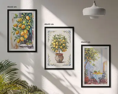 Set de 3 cuadros para salón con diseño de frutales y limoneros al sol