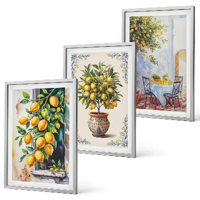 Set de 3 cuadros para salón con diseño de frutales y limoneros al sol