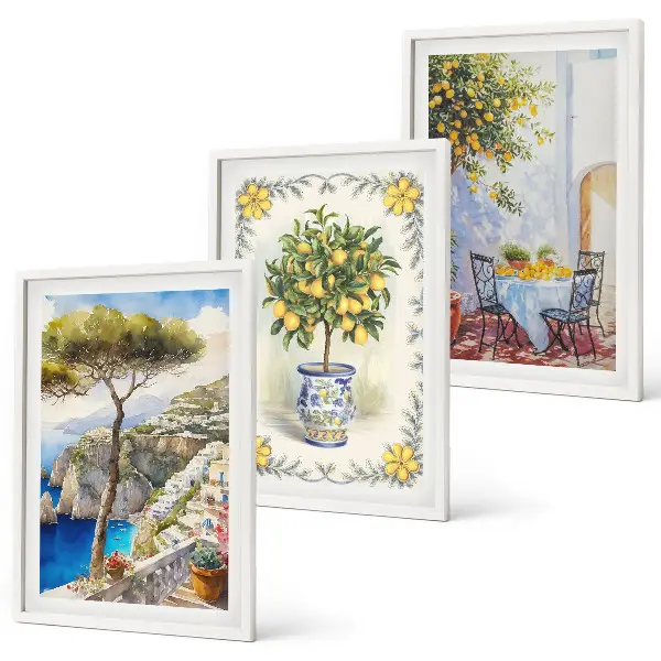 Set de 3 cuadros para salón con diseño de vista al mar de limoneros