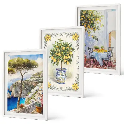 Set de 3 cuadros para salón con diseño de vista al mar de limoneros