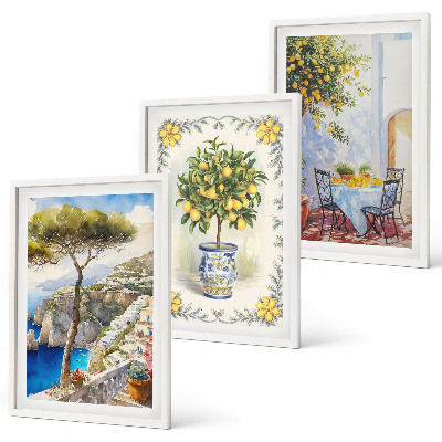 Set de 3 cuadros para salón Vista del mar de limoneros
