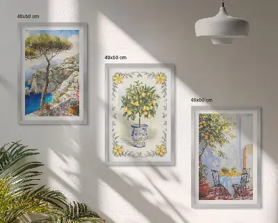 Set de 3 cuadros para salón con diseño de vista al mar de limoneros
