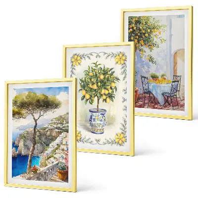 Set de 3 cuadros para salón con diseño de vista al mar de limoneros