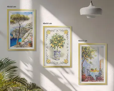 Set de 3 cuadros para salón con diseño de vista al mar de limoneros