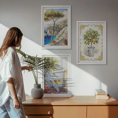 Set de 3 cuadros para salón con diseño de vista al mar de limoneros