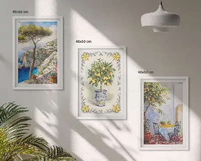 Set de 3 cuadros para salón con diseño de vista al mar de limoneros