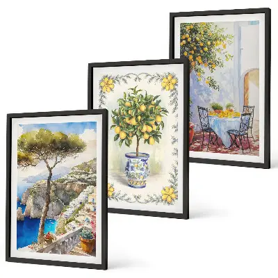 Set de 3 cuadros para salón con diseño de vista al mar de limoneros