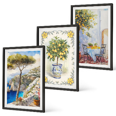 Set de 3 cuadros para salón Vista del mar de limoneros