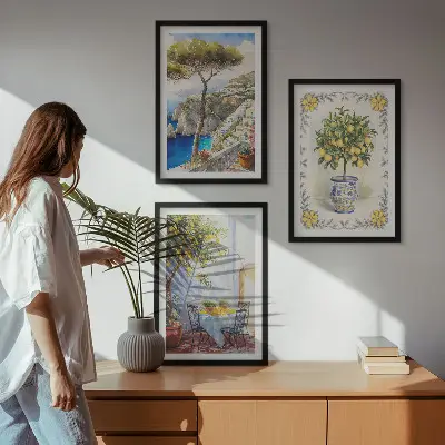 Set de 3 cuadros para salón con diseño de vista al mar de limoneros