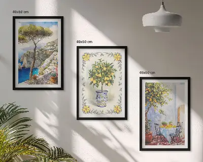 Set de 3 cuadros para salón con diseño de vista al mar de limoneros