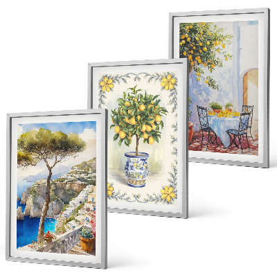 Set de 3 cuadros para salón Vista del mar de limoneros