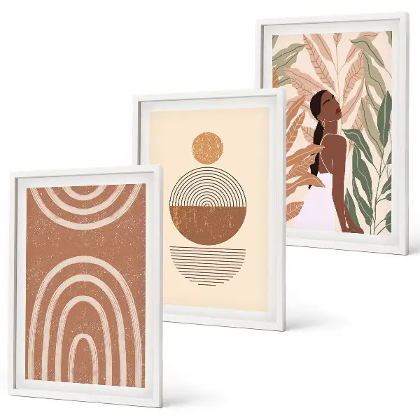 Set de 3 cuadros decorativos para salón con diseños y geometría de plantas con estilo