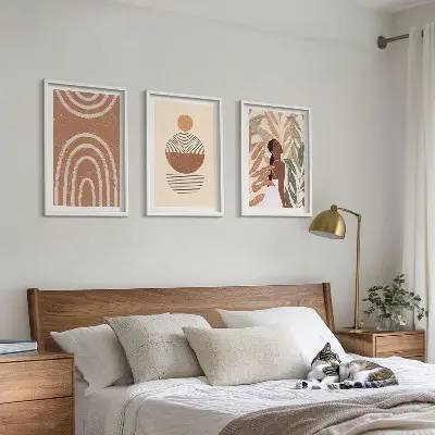 Set de 3 cuadros decorativos para salón con diseños y geometría de plantas con estilo