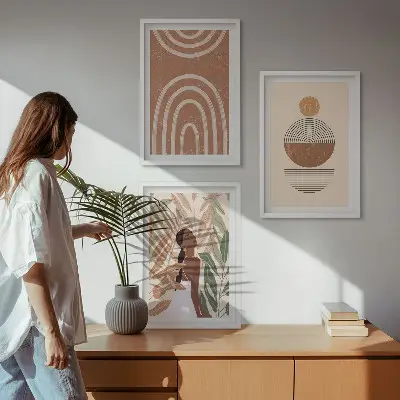 Set de 3 cuadros decorativos para salón con diseños y geometría de plantas con estilo