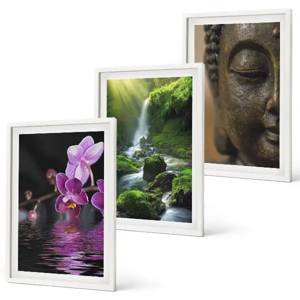 Set de 3 cuadros decorativos cascada con flores y rocas estilo zen para salón
