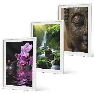 Set de 3 cuadros decorativos cascada con flores y rocas estilo zen para salón