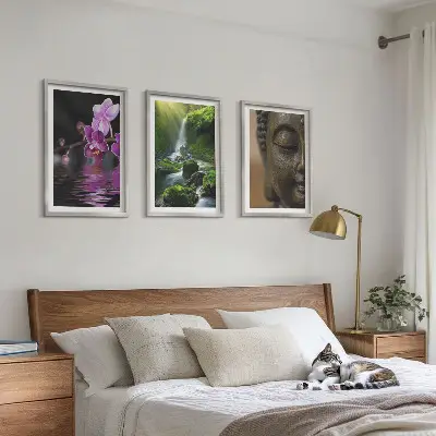 Set de 3 cuadros decorativos cascada con flores y rocas estilo zen para salón
