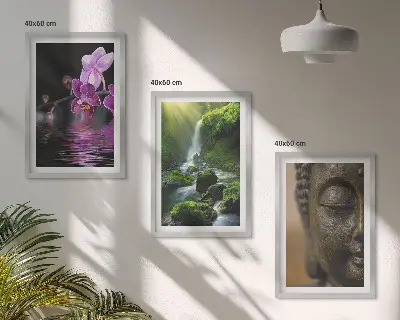 Set de 3 cuadros decorativos cascada con flores y rocas estilo zen para salón