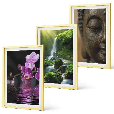 Set de 3 cuadros decorativos cascada con flores y rocas estilo zen para salón