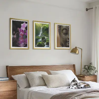 Set de 3 cuadros decorativos cascada con flores y rocas estilo zen para salón