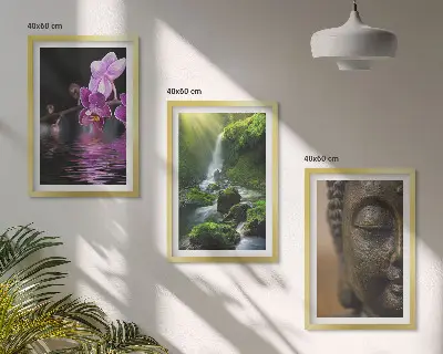 Set de 3 cuadros decorativos cascada con flores y rocas estilo zen para salón