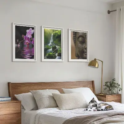 Set de 3 cuadros decorativos cascada con flores y rocas estilo zen para salón