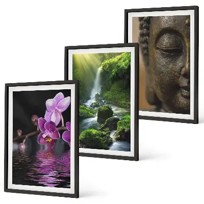 Set de 3 cuadros decorativos cascada con flores y rocas estilo zen para salón