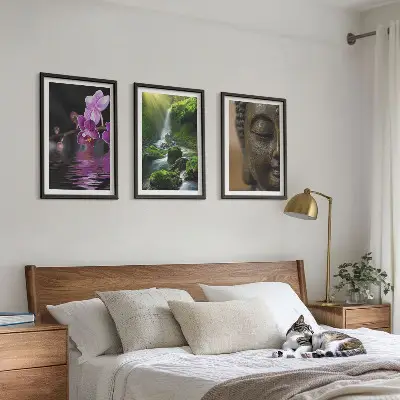 Set de 3 cuadros decorativos cascada con flores y rocas estilo zen para salón