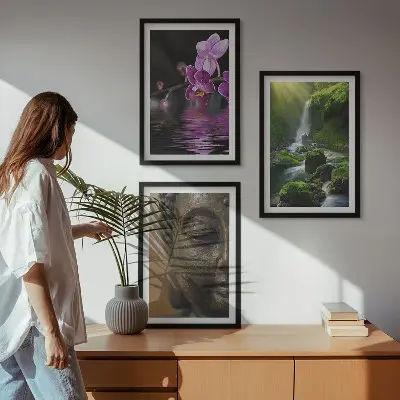 Set de 3 cuadros decorativos cascada con flores y rocas estilo zen para salón