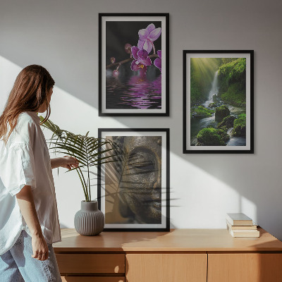 Set de 3 cuadros para salón Cascada de flores Roca de Buda Zen