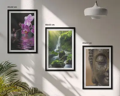 Set de 3 cuadros decorativos cascada con flores y rocas estilo zen para salón