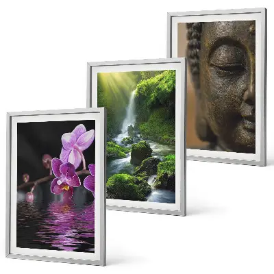 Set de 3 cuadros decorativos cascada con flores y rocas estilo zen para salón