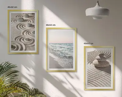 Juego de 3 cuadros con diseño de olas, arena, agua, piedras y playa
