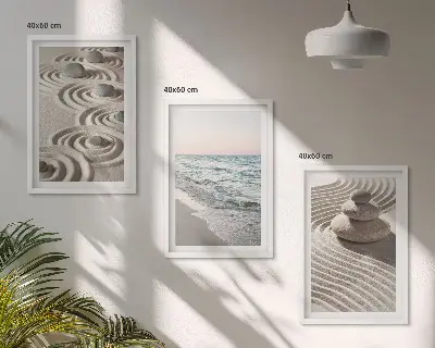 Juego de 3 cuadros con diseño de olas, arena, agua, piedras y playa