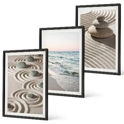 Juego de 3 cuadros con diseño de olas, arena, agua, piedras y playa