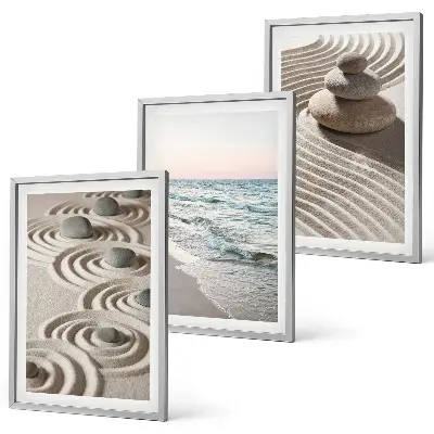 Juego de 3 cuadros con diseño de olas, arena, agua, piedras y playa
