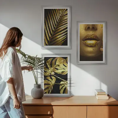 Set de 3 cuadros decorativos motivo de monstera, palmera y boca de mujer