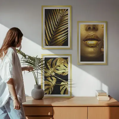 Set de 3 cuadros decorativos motivo de monstera, palmera y boca de mujer