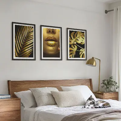Set de 3 cuadros decorativos motivo de monstera, palmera y boca de mujer