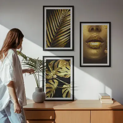 Set de 3 cuadros decorativos motivo de monstera, palmera y boca de mujer