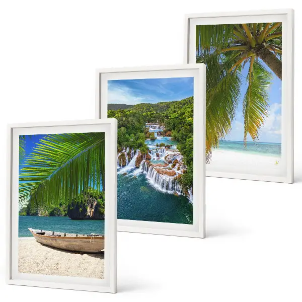 Set de 3 cuadros para salón con paisajes de playa barco cascadas y palmeras