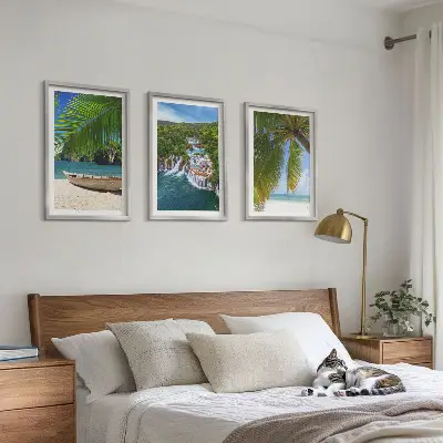 Set de 3 cuadros para salón con paisajes de playa barco cascadas y palmeras