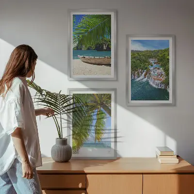 Set de 3 cuadros para salón con paisajes de playa barco cascadas y palmeras