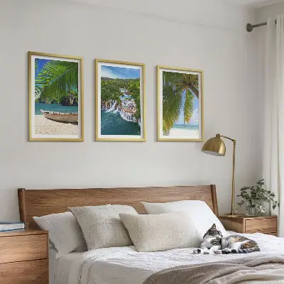 Set de 3 cuadros para salón con paisajes de playa barco cascadas y palmeras