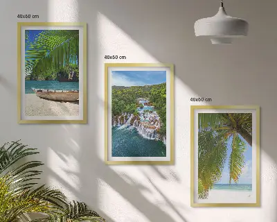 Set de 3 cuadros para salón con paisajes de playa barco cascadas y palmeras