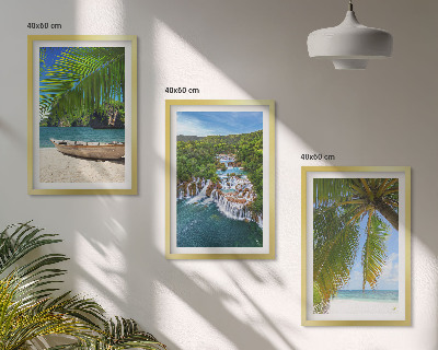 Set de 3 cuadros para salón Playa, barco, cascadas, palmeras