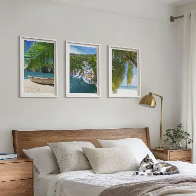 Set de 3 cuadros para salón con paisajes de playa barco cascadas y palmeras