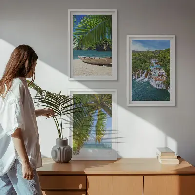 Set de 3 cuadros para salón con paisajes de playa barco cascadas y palmeras