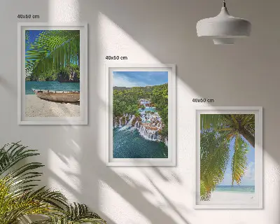Set de 3 cuadros para salón con paisajes de playa barco cascadas y palmeras